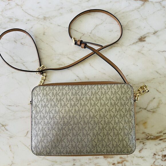 MICHAEL KORS Jet Set Item Silver Brown Leather Zip Chain East West Crossbody Bag - Picture 8 of 10